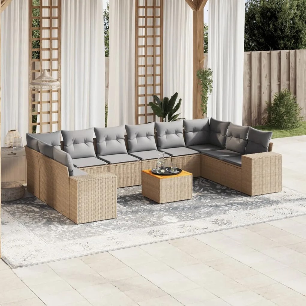 Set Divani da Giardino 11 pz con Cuscini Beige in Polyrattan