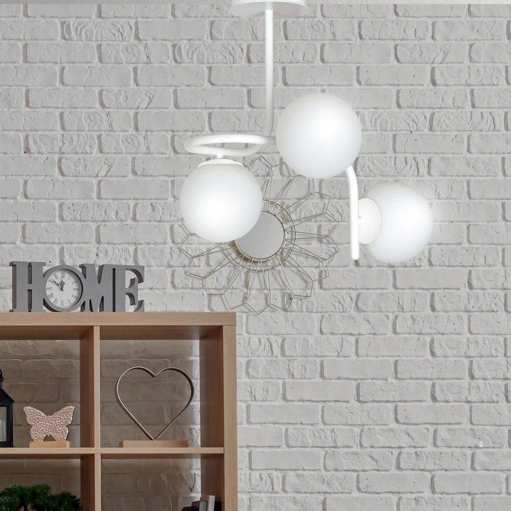 Lampadario 3 Luci Rama In Acciaio Bianco A Bracci E Sfere In Vetro Opalino