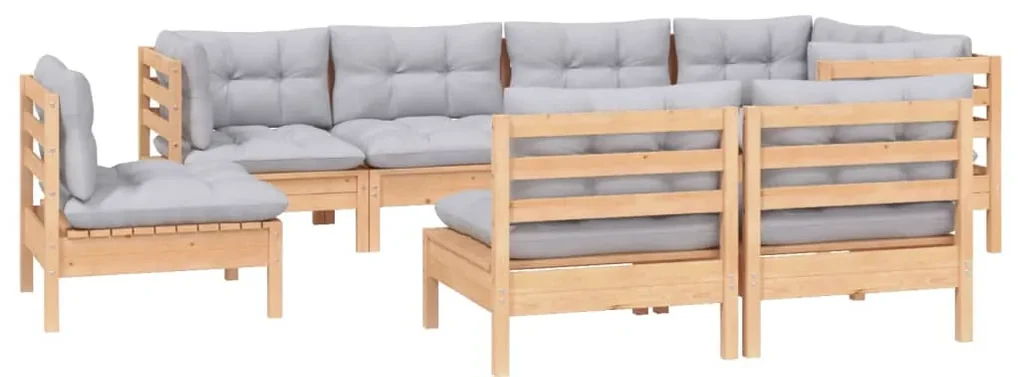 Set divani da giardino 8 pz con cuscini grigi massello di pino