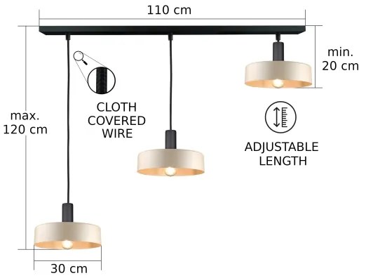 Lampadario a sospensione con filo LATTE 3xE27/60W/230V beige/nero