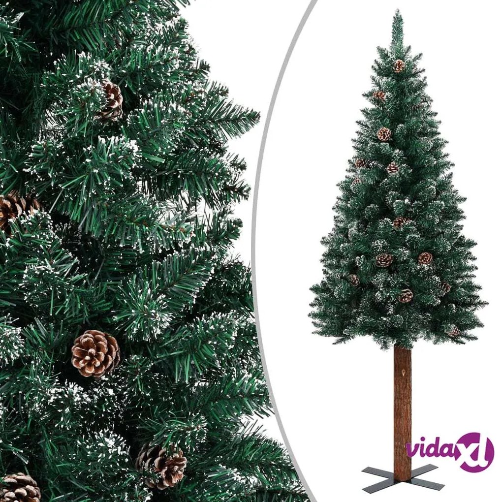 vidaXL Albero di Natale Sottile con Legno Vero e Neve Verde 150 cm