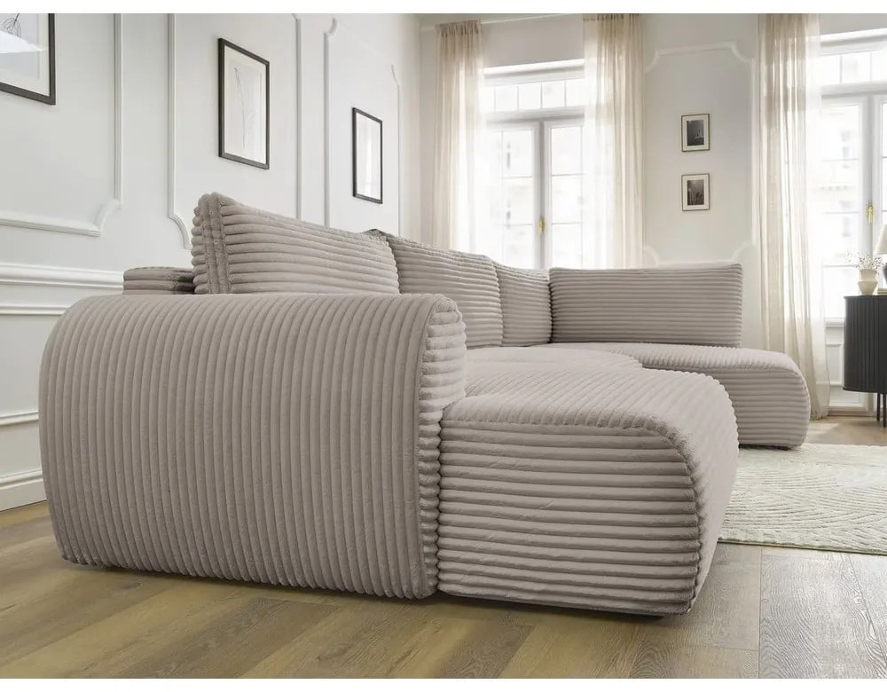 Divano angolare grigio chiaro/beige allungabile/con contenitore (con penisola a destra/a U) con rivestimento in velluto a coste Lucien – Bobochic Paris