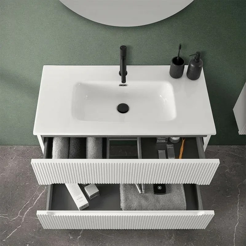 Mobile bagno sospeso cannettato 90 cm bianco opaco con specchio Bali