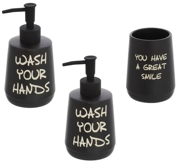 Set accessori linea Wash con 2 Dispenser + portaspazzolini nero con scritte