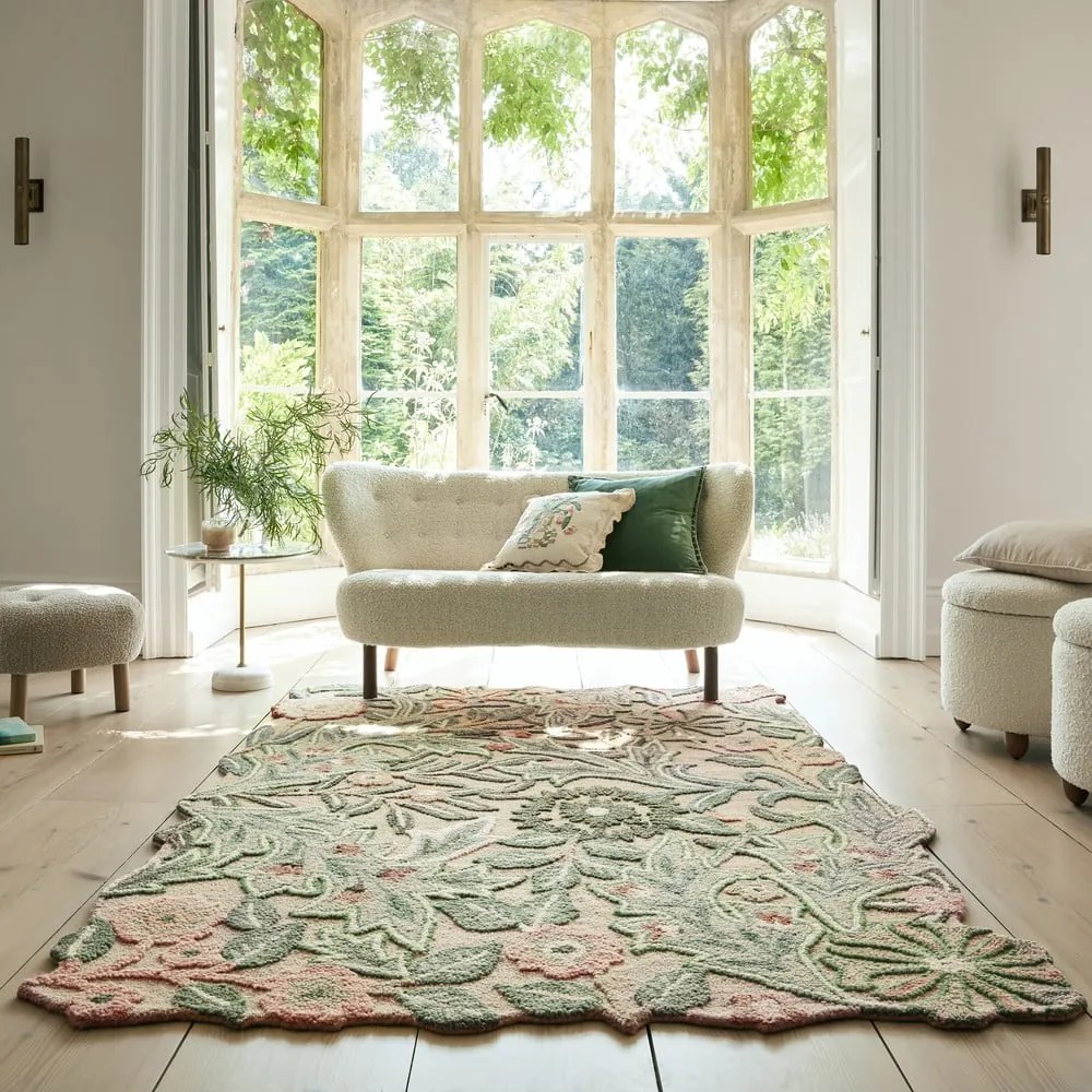 Tappeto verde in lana tessuto a mano 160x230 cm Bryony Shaped Floral - Flair Rugs