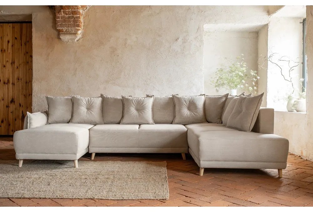 Divano letto angolare in velluto a coste beige (angolo destro a forma di U) Lazy Lukka - Miuform