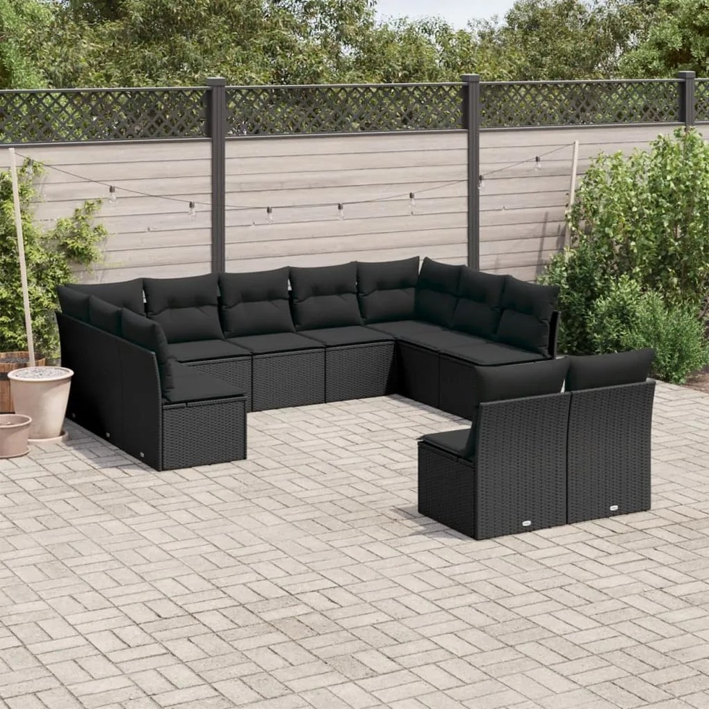 Set divani da giardino 11 pz con cuscini in polyrattan nero