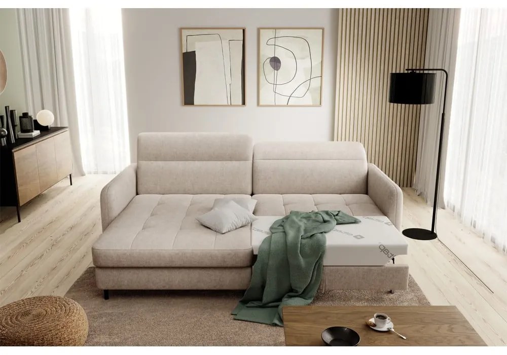 Divano angolare beige allungabile/con contenitore (con penisola a sinistra/con chaise lounge) e rivestimento in ciniglia Gomsi – ELTAP