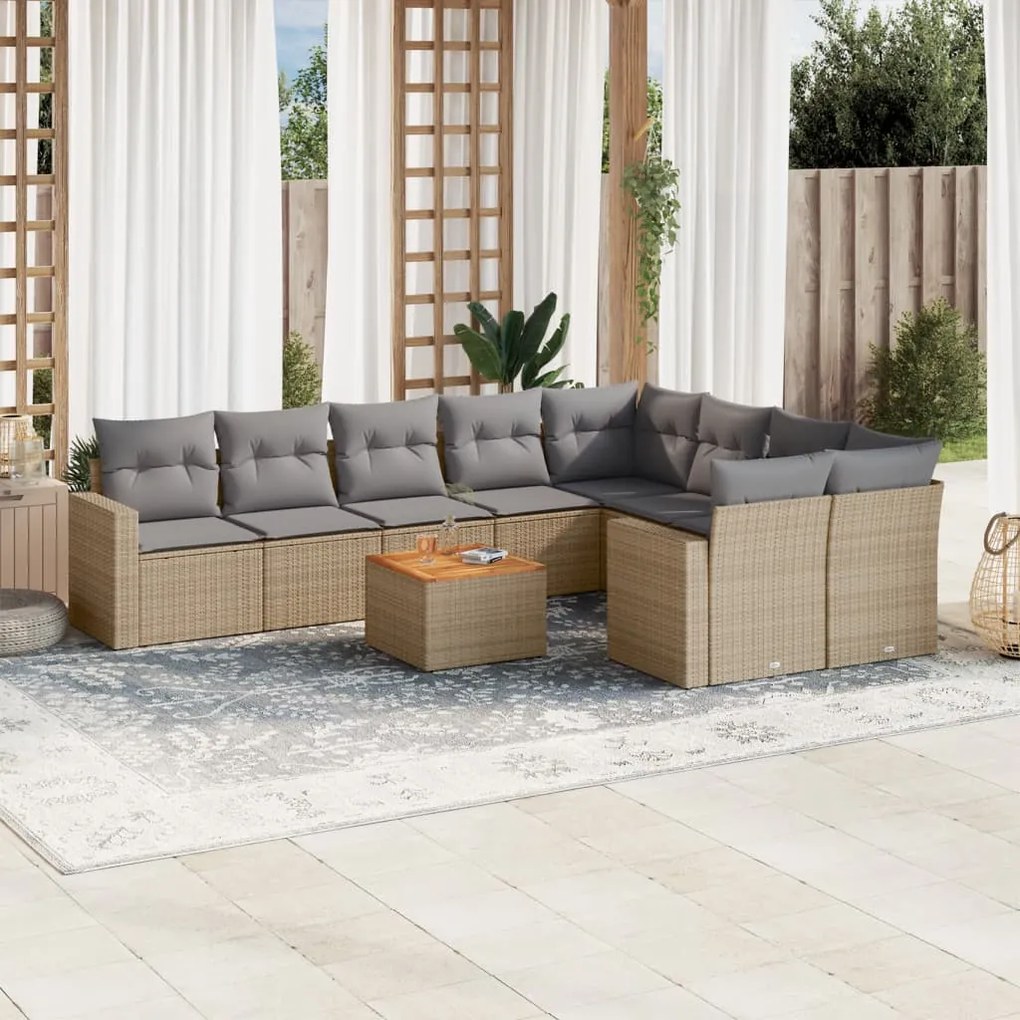 Set divano da giardino 10 pz con cuscini beige in polyrattan