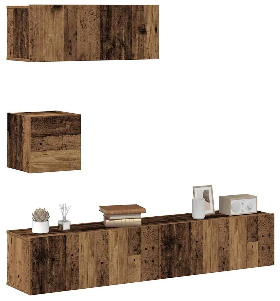 Set Mobile Tv 4 Pz Montato A Parete Legno Antico İn Truciolato /