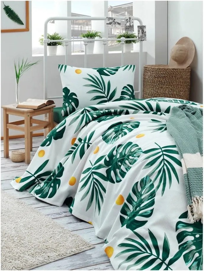 Set con copriletto e federa bianco/verde con rivestimento trapuntato 200x220 cm Kapitone Monstera – Mijolnir