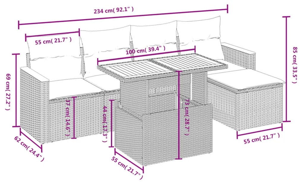 Set divano da giardino 6 pz con cuscini beige in polyrattan