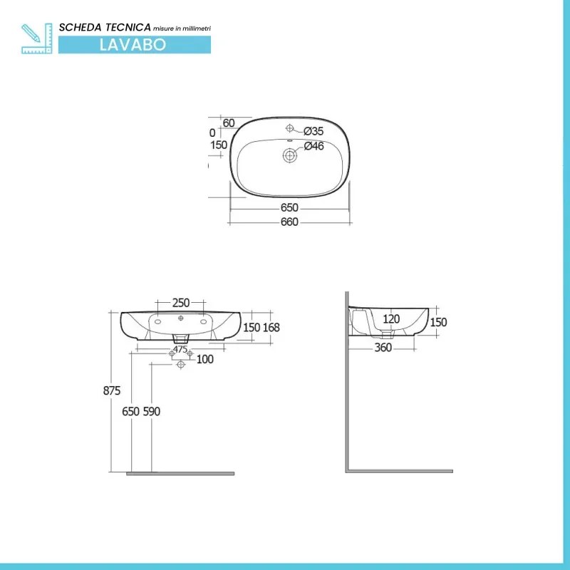 Lavabo ovale 65 cm d'appoggio bianco in ceramica Rak Illusion