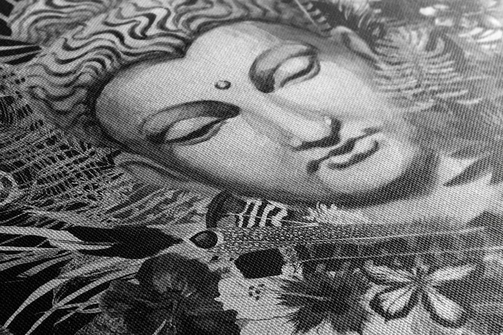 Quadro su tela – Buddha su sfondo esotico in bianco e nero