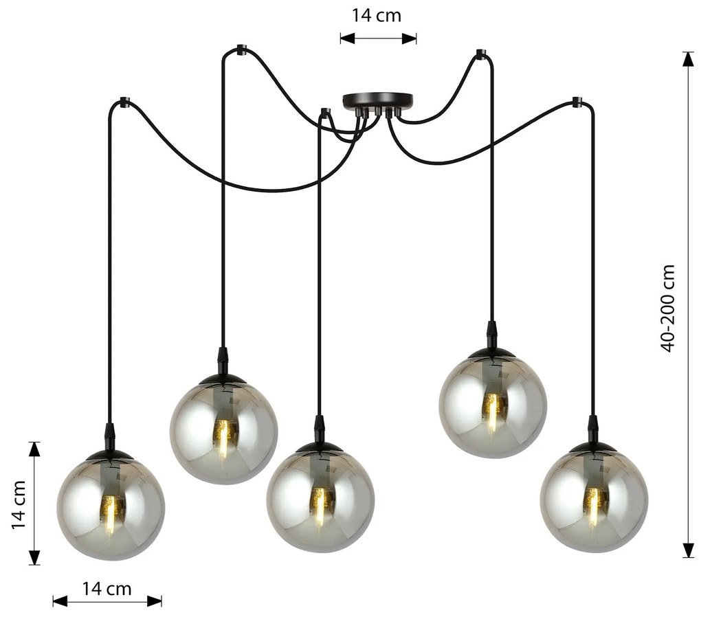 Lampadario 5 Luci Gigi In Acciaio Nero Con Cavo Lungo E Vetri Fumè