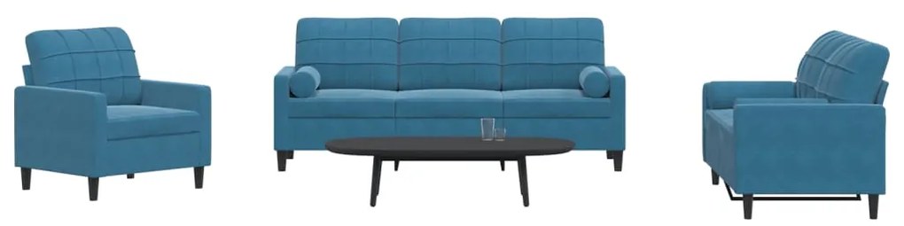 Set Di Divani 3 Pz Con Cuscini E Rinforzi Blu İn Velluto /