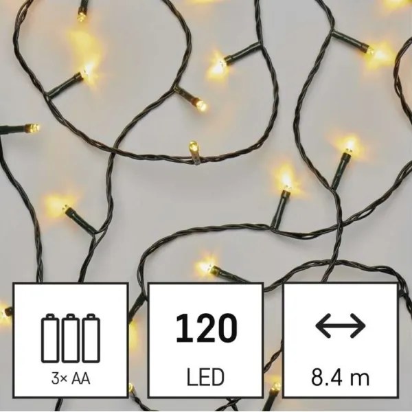 Catena luminosa LED per esterni, 120 LED (3xAA), 8,9 m, IP44, bianco caldo