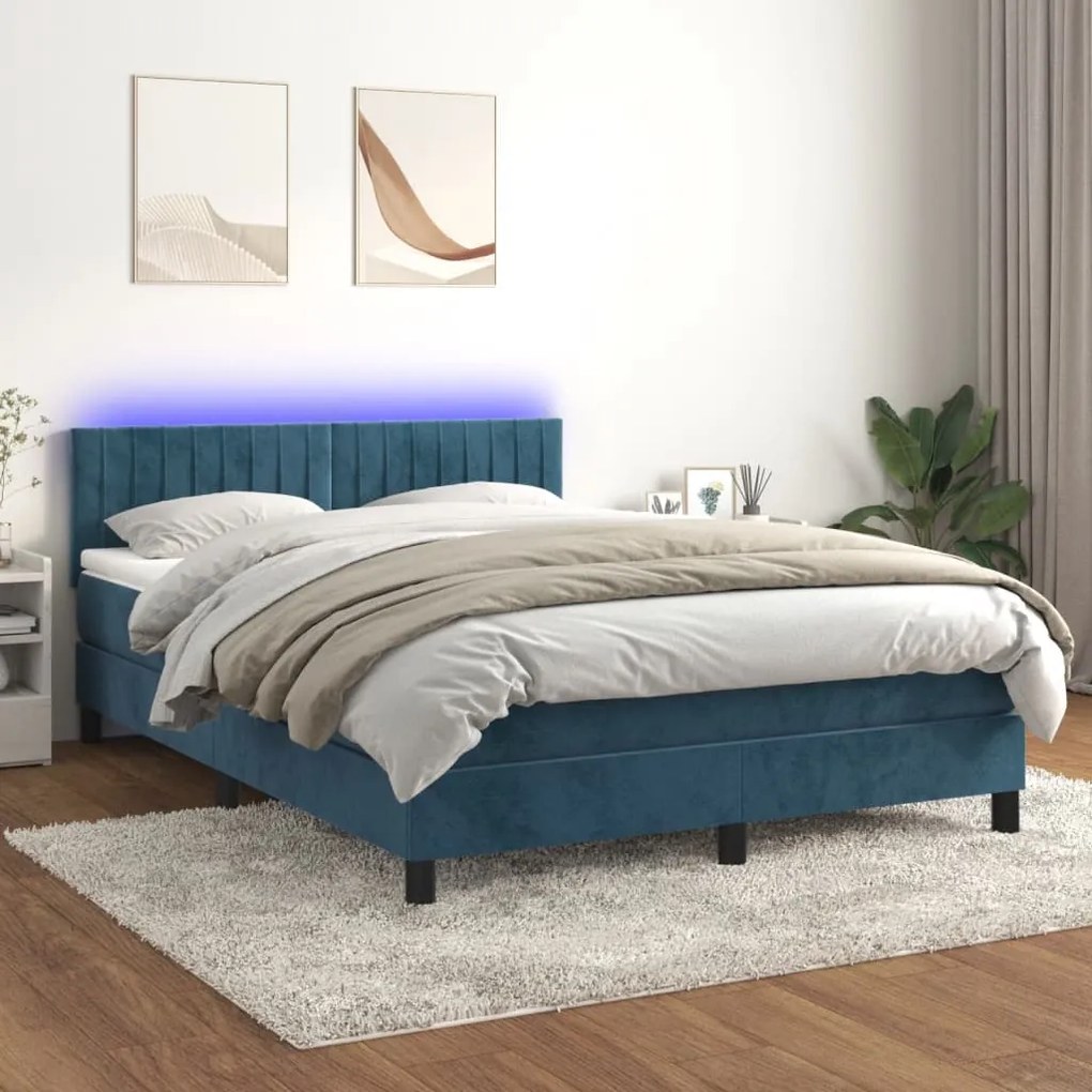 Letto a molle con materasso e led blu scuro 140x190 cm