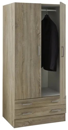 Armadio Guardaroba 2 Ante 2 Cassetti Con Barra Appendiabiti 82x46x185 Effetto Legno