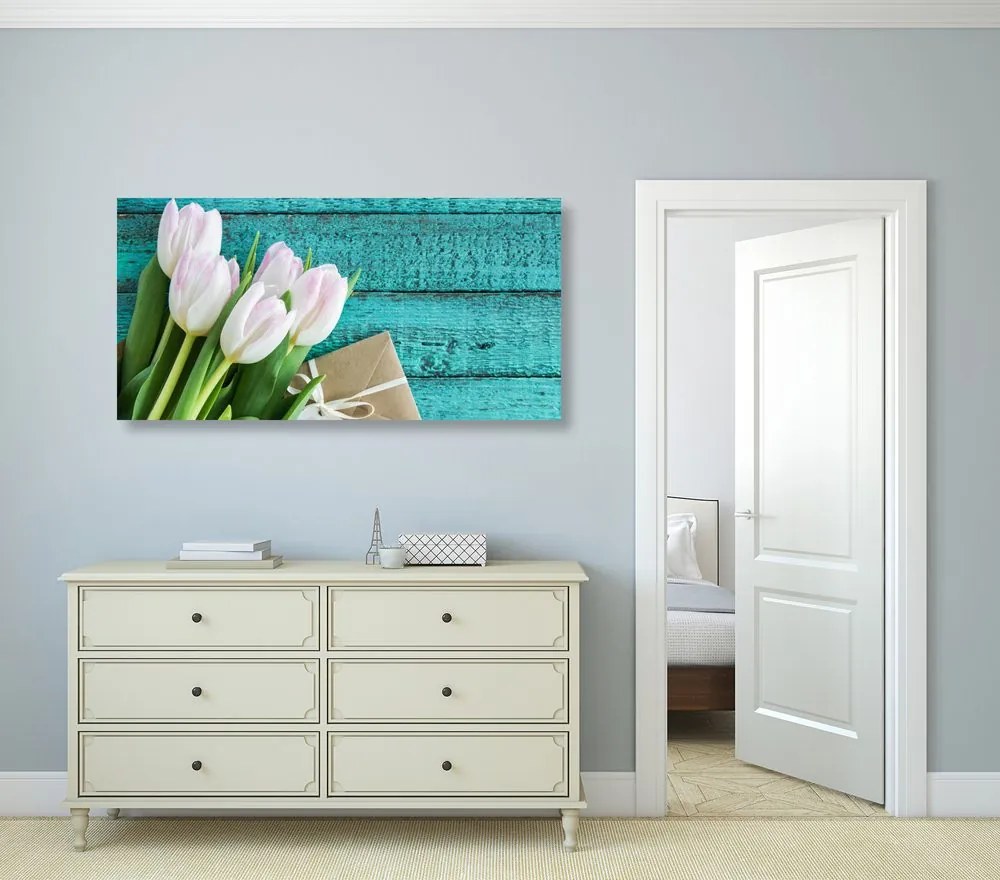 Quadro su tela – Bouquet di tulipani e busta