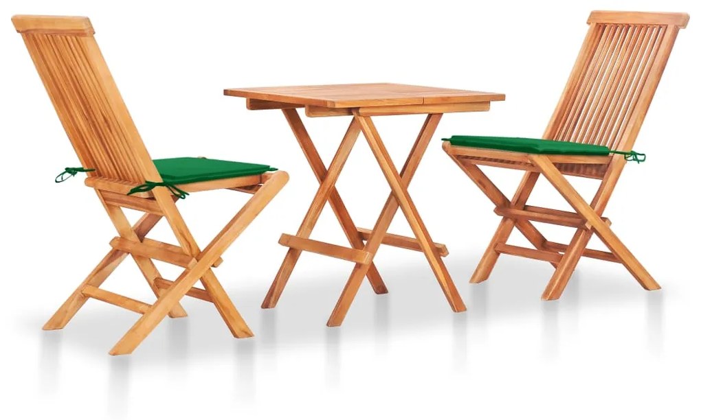 Set Da Bistrot 3 Pz Con Cuscini Verdi İn Legno Massello Di Teak /