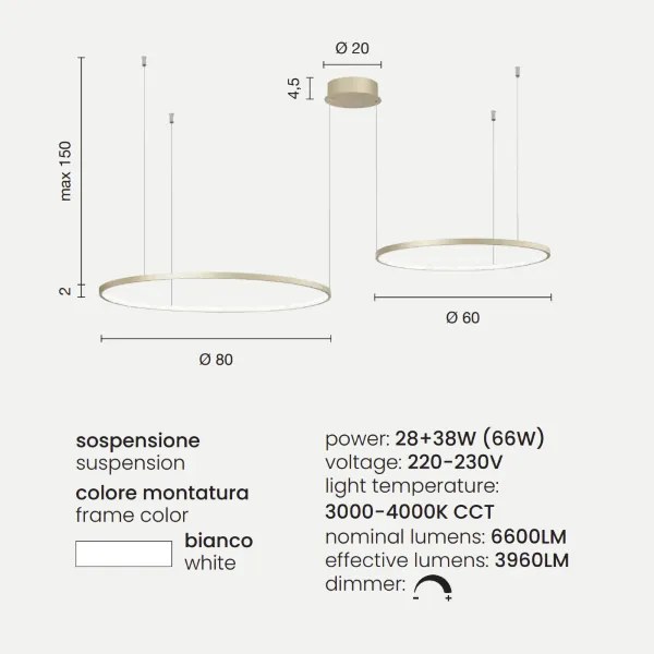 Lampada a sospensione a Led 160 cm SOEL 2 Luci in metallo verniciato BIANCO