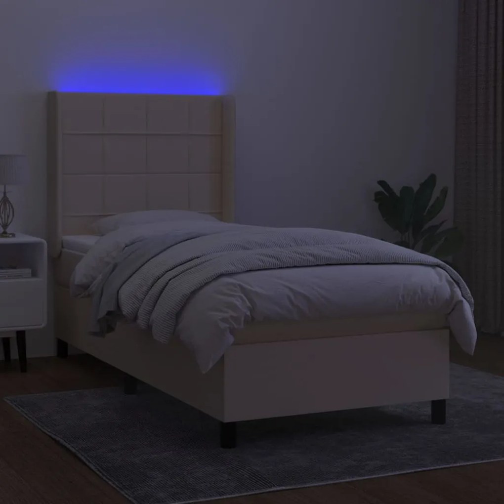 Letto a molle con materasso e led crema 90x190 cm in tessuto