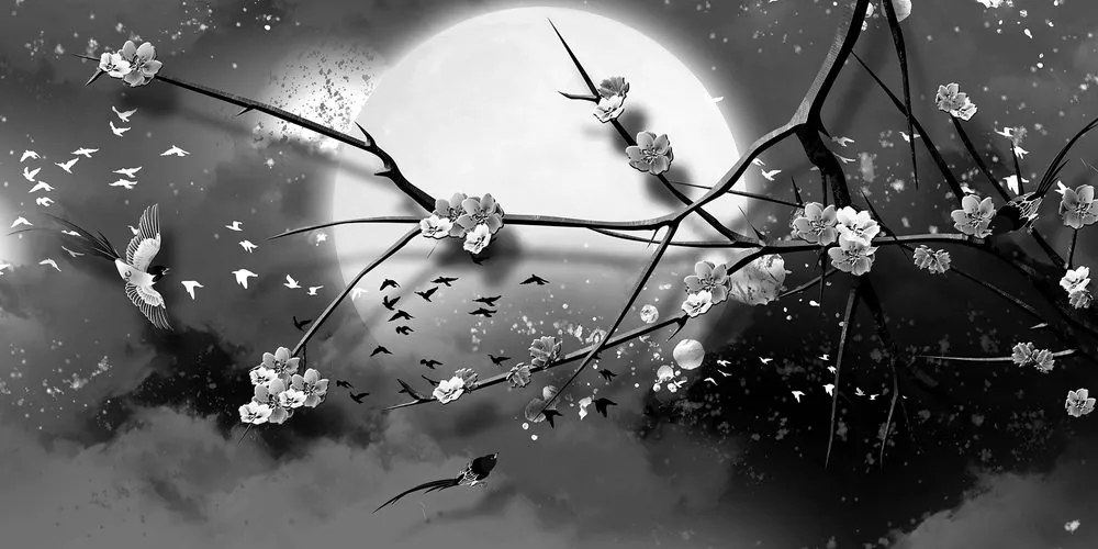 Stampa su tela – Rami dell'albero sotto la luna piena in bianco e nero