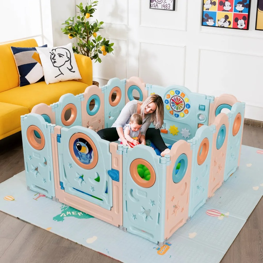 Costway Box multifunzionale con 14 pannelli e giocattoli educativi per bambini, Recinto portatile Azzurro e rosa