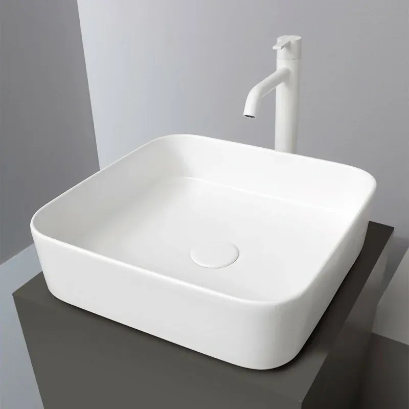 Lavabo da appoggio quadrato 40 in ceramica bianco lucido Epsilon