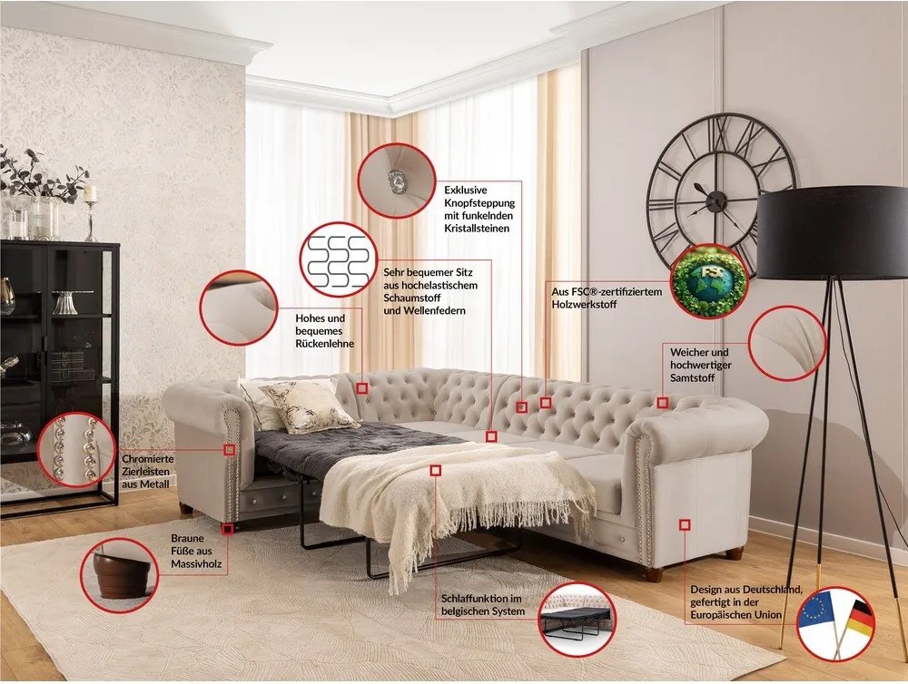 Divano angolare beige allungabile (con penisola a sinistra/a L) con rivestimento in velluto York Blik – Ropez