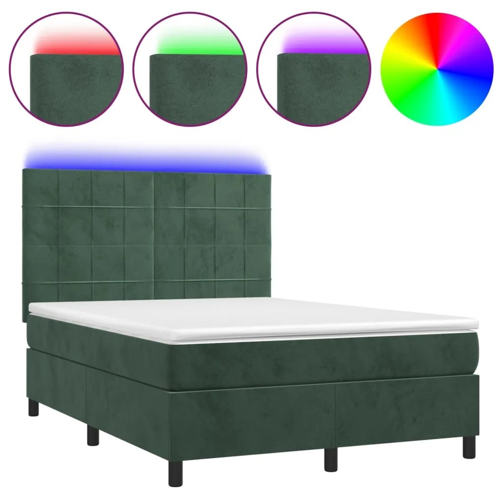 Letto a molle con materasso e led verde scuro 140x190cm velluto