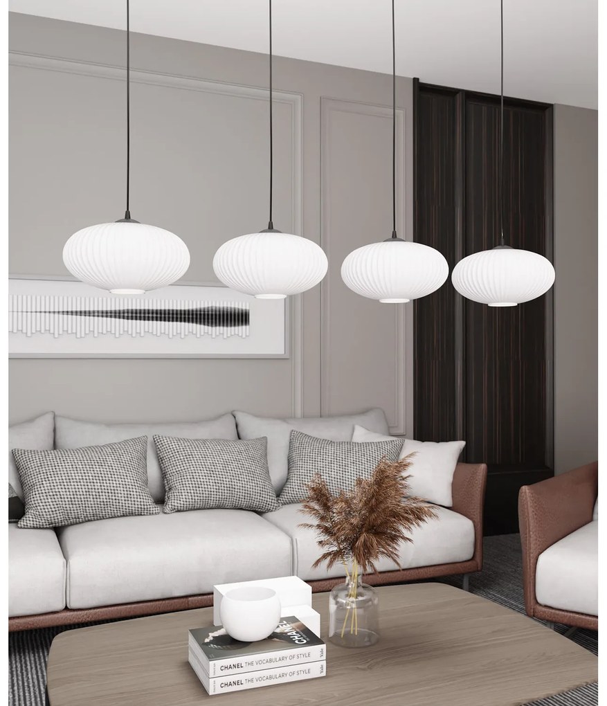 Lampadario 4 Luci Iris In Acciaio Nero Paralume Plissettato Bianco