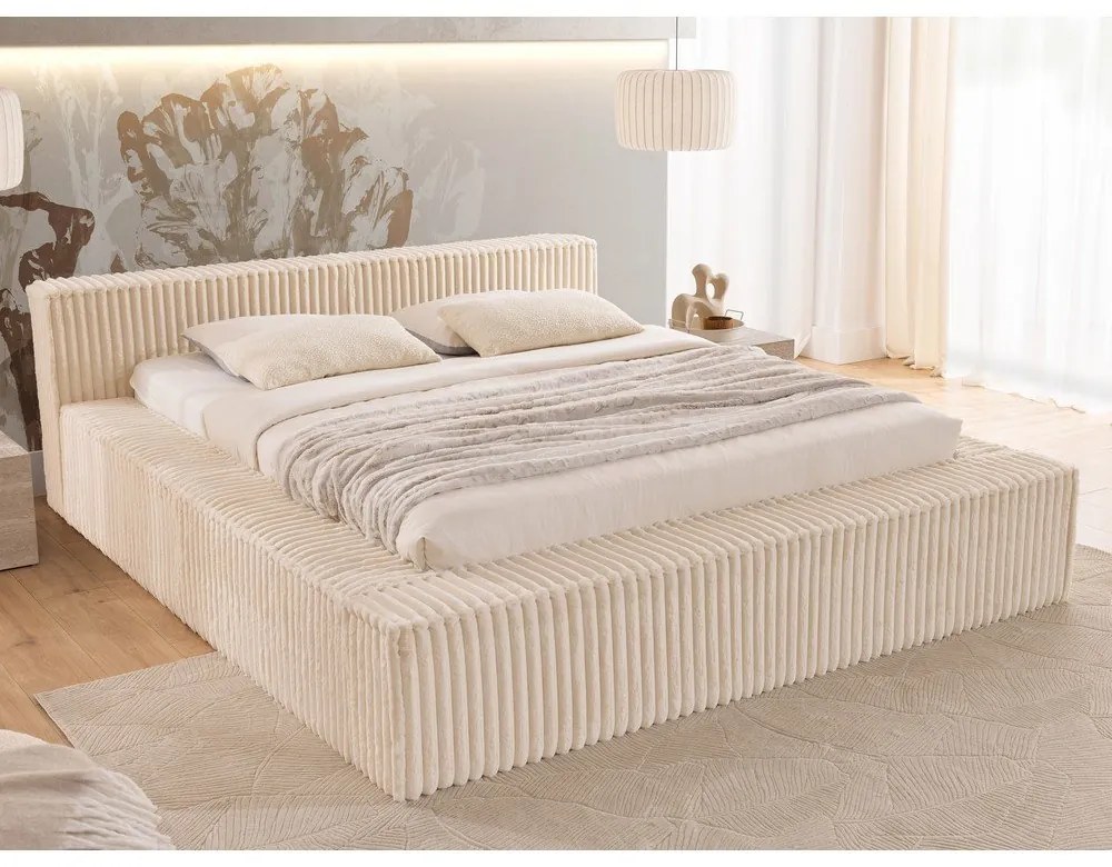 Letto matrimoniale imbottito beige con contenitore e rete inclusi 140x200 cm Cloe – Ropez