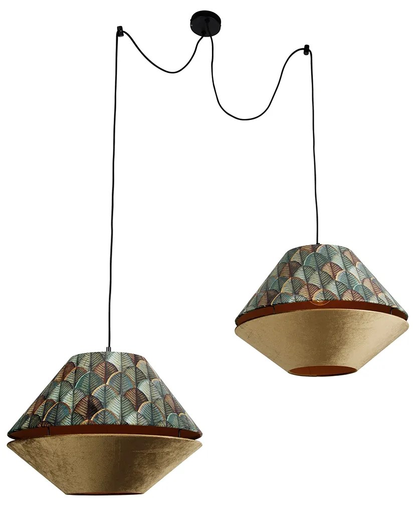 Lampada a sospensione nera con doppio paralume in velluto con motivo a foglie e beige a 2 luci - Cava Luxe