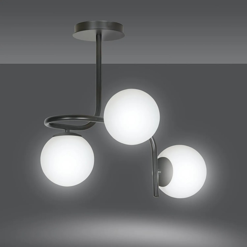 Lampadario 3 Luci Rama In Acciaio Nero A Bracci E Sfere In Vetro Opalino