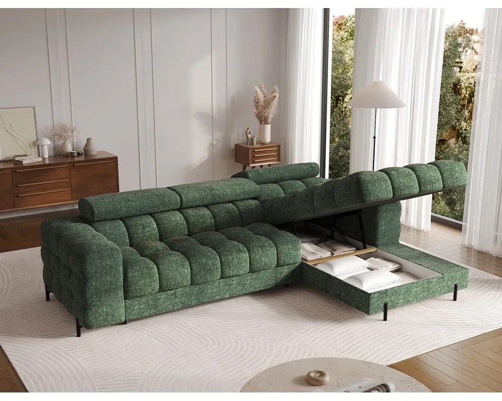 Divano angolare verde allungabile/con contenitore (con penisola a destra/con chaise lounge) con rivestimento in bouclé Felro – ELTAP