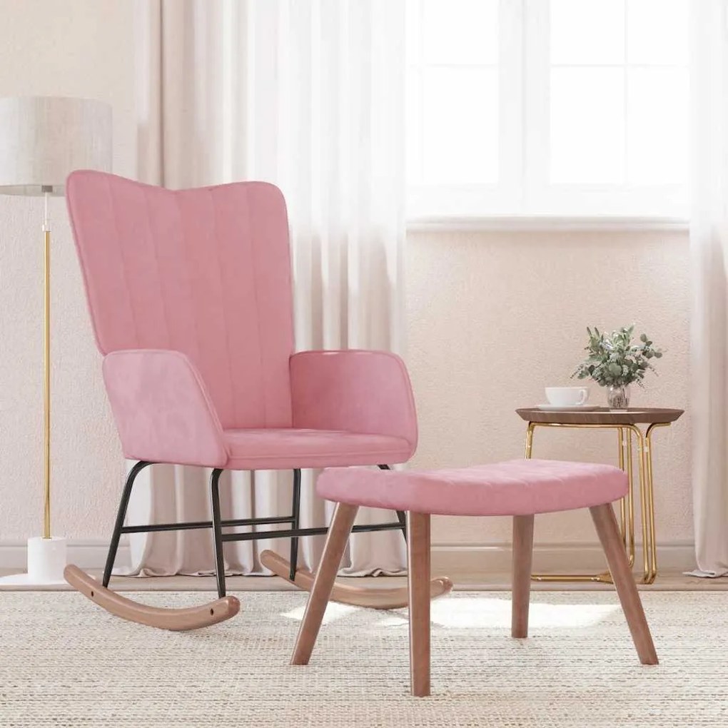 Poltrona A Dondolo Con Poggiapiedi Rosa İn Velluto /