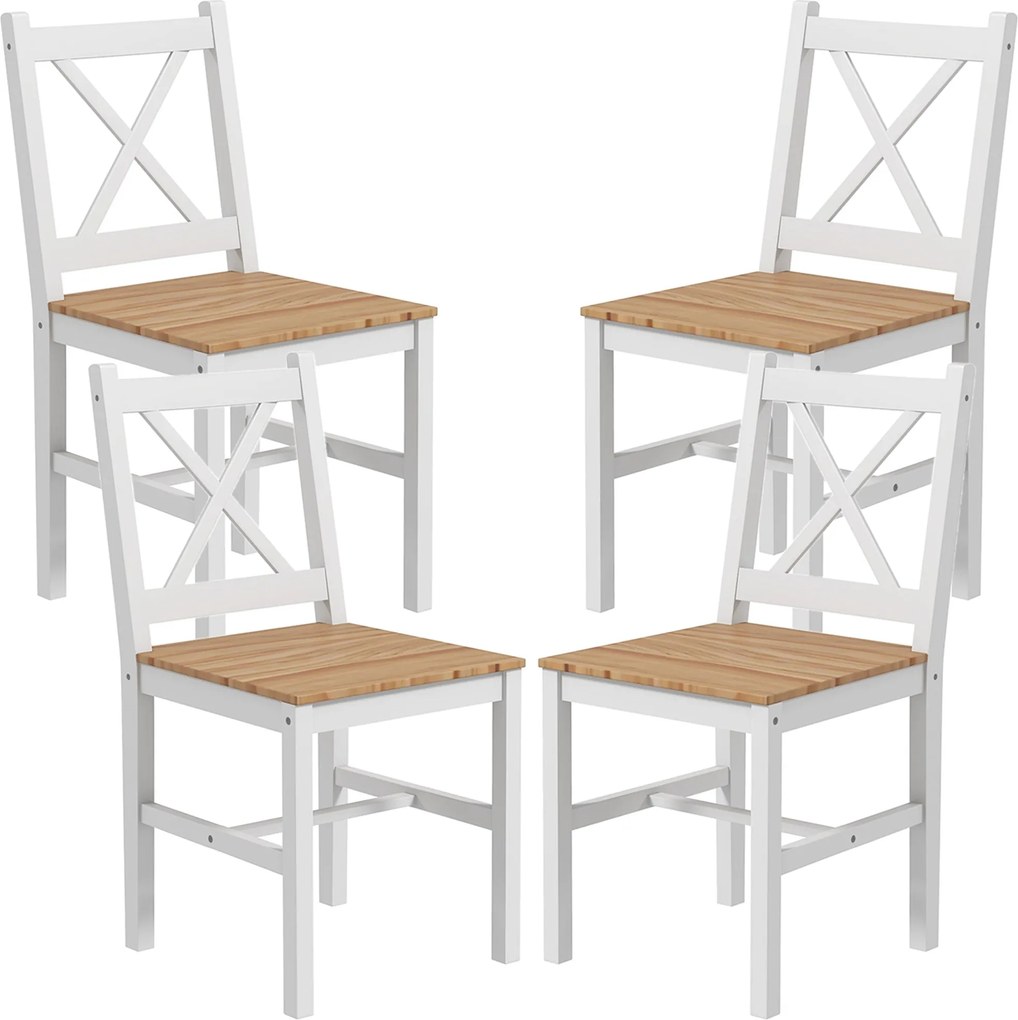 Set 4 Sedie per Cucina e Soggiorno con Schienale a Croce 41x46,5x86 cm in Legno di Pino Bianco e Rovere...