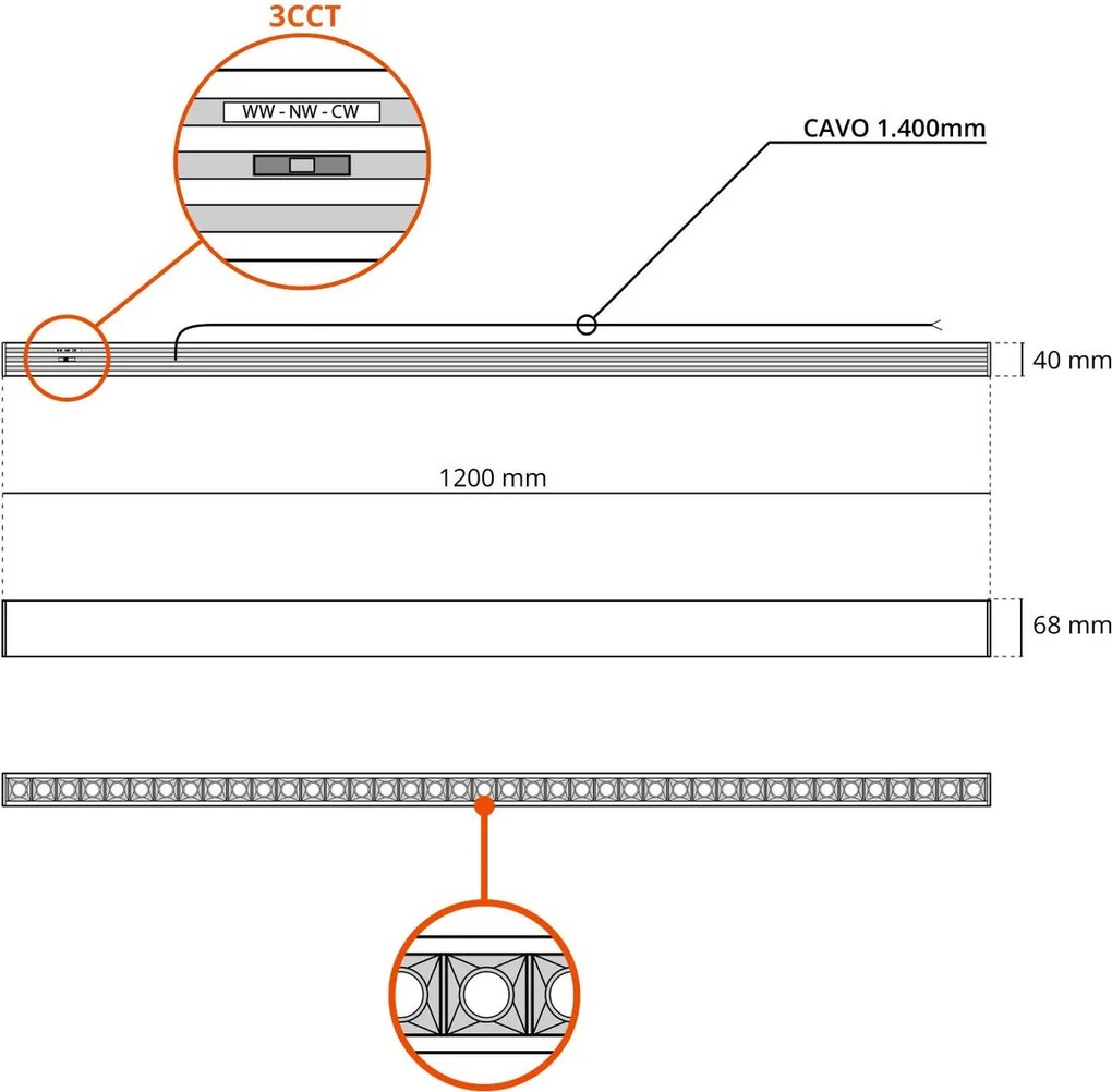 Lampada Lineare LED Sospesa 40W 120cm con driver Philips Bianca o nera