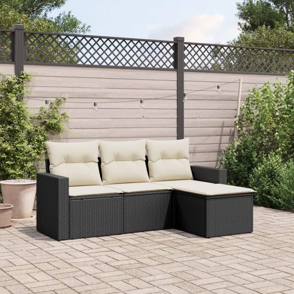 Set divani da giardino 4 pz con cuscini nero in polyrattan