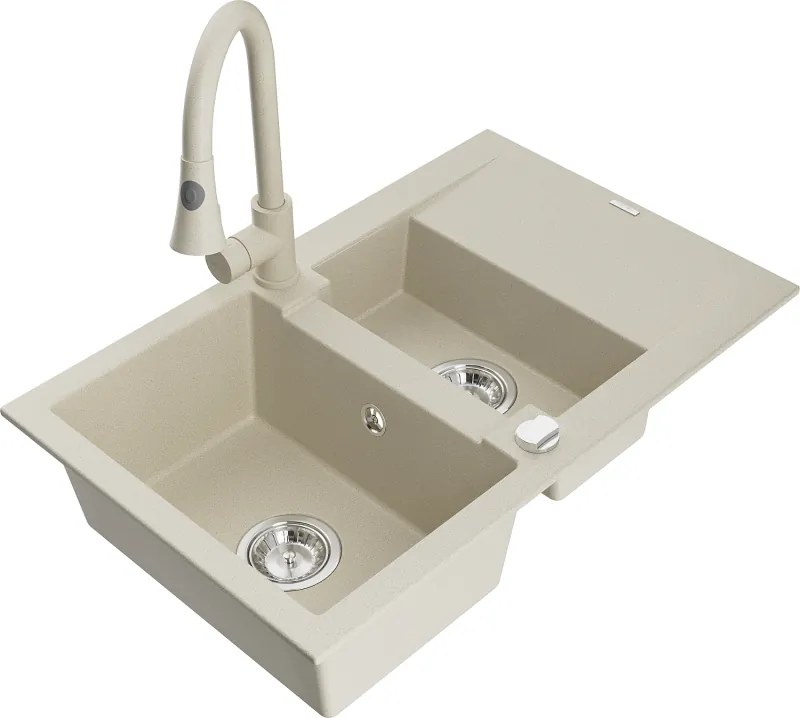 Mexen Gaspar lavello in granito 1,5 vasca con sgocciolatoio e miscelatore da cucina Elia, beige - 6507-69-670101-69
