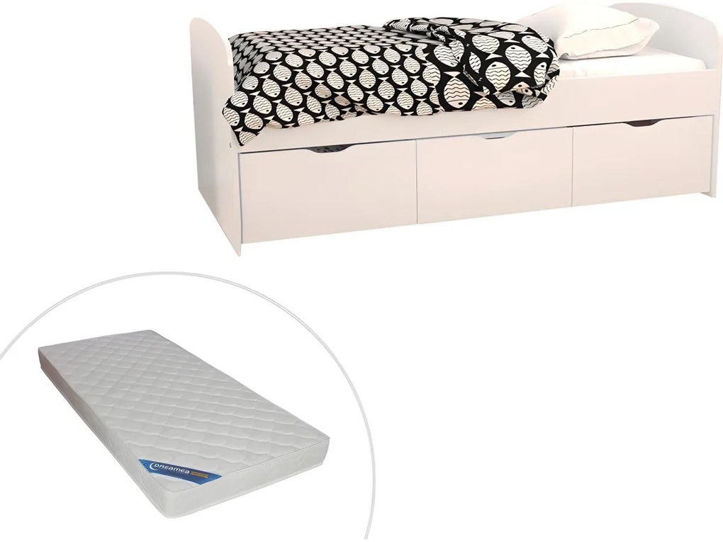Letto con 2 cassetti e 1 vano portaoggetti 90 x 190 cm Bianco + Materasso - LOUANE