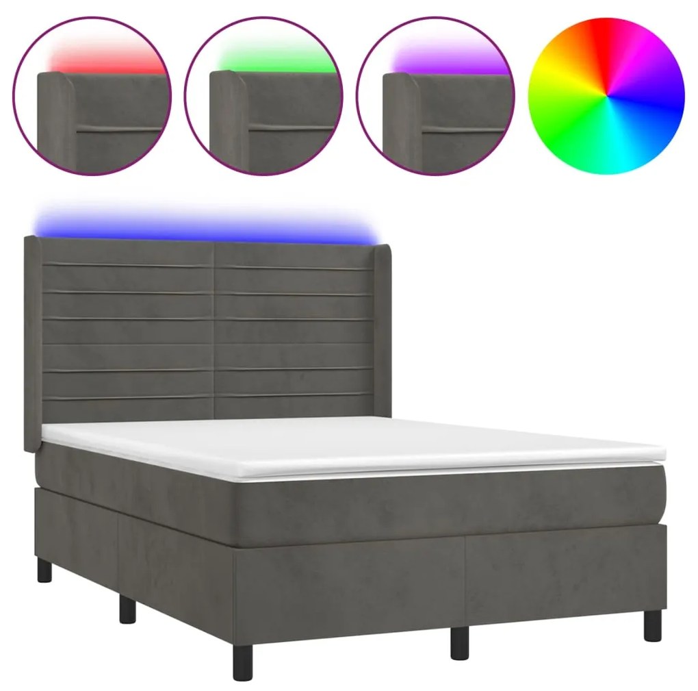 Letto a molle con materasso e led grigio scuro 140x200 cm