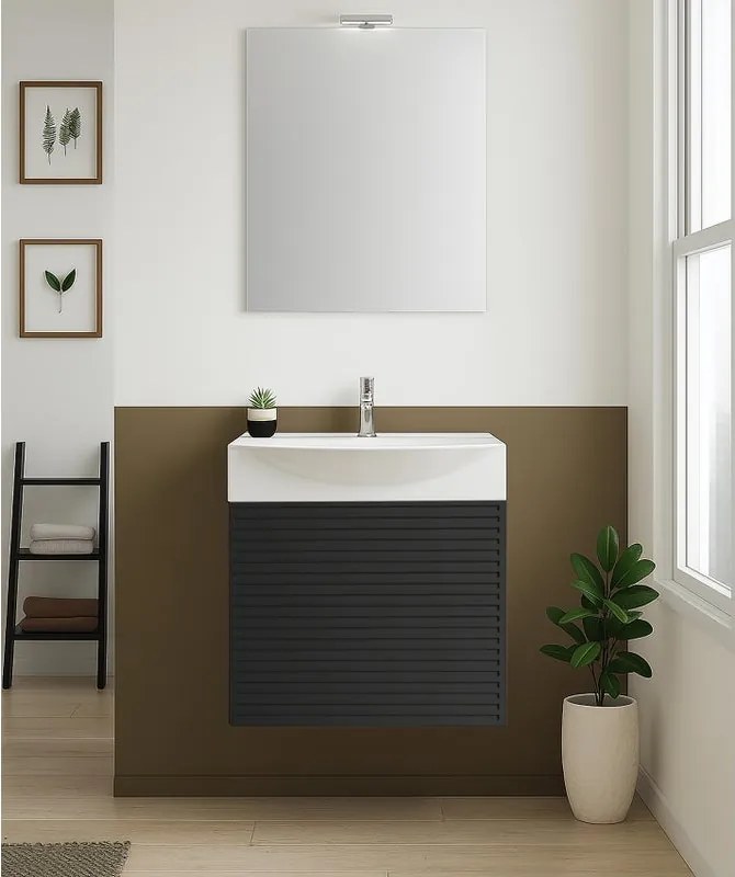 Mobile bagno sospeso con lavabo e specchio e illuminazione L 50 x H 58 x P 40 cm laccato opaco nero cannettato, 1 anta per vasca centrale Mini50s