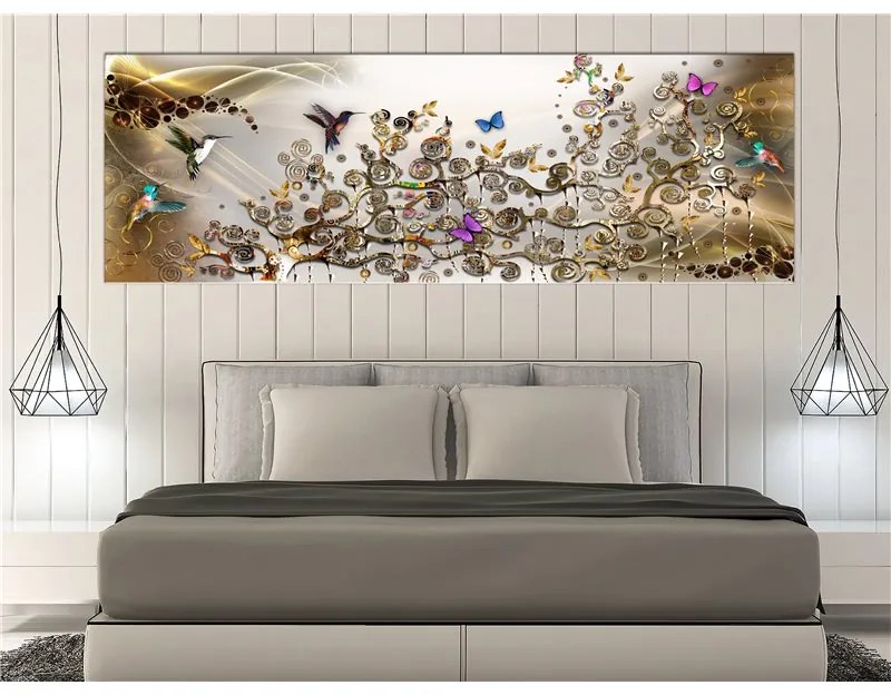 Quadro Hummingbirds Dance (1 Part) Gold Narrow  Colore Bianco, Dimensioni e Misure 120x40