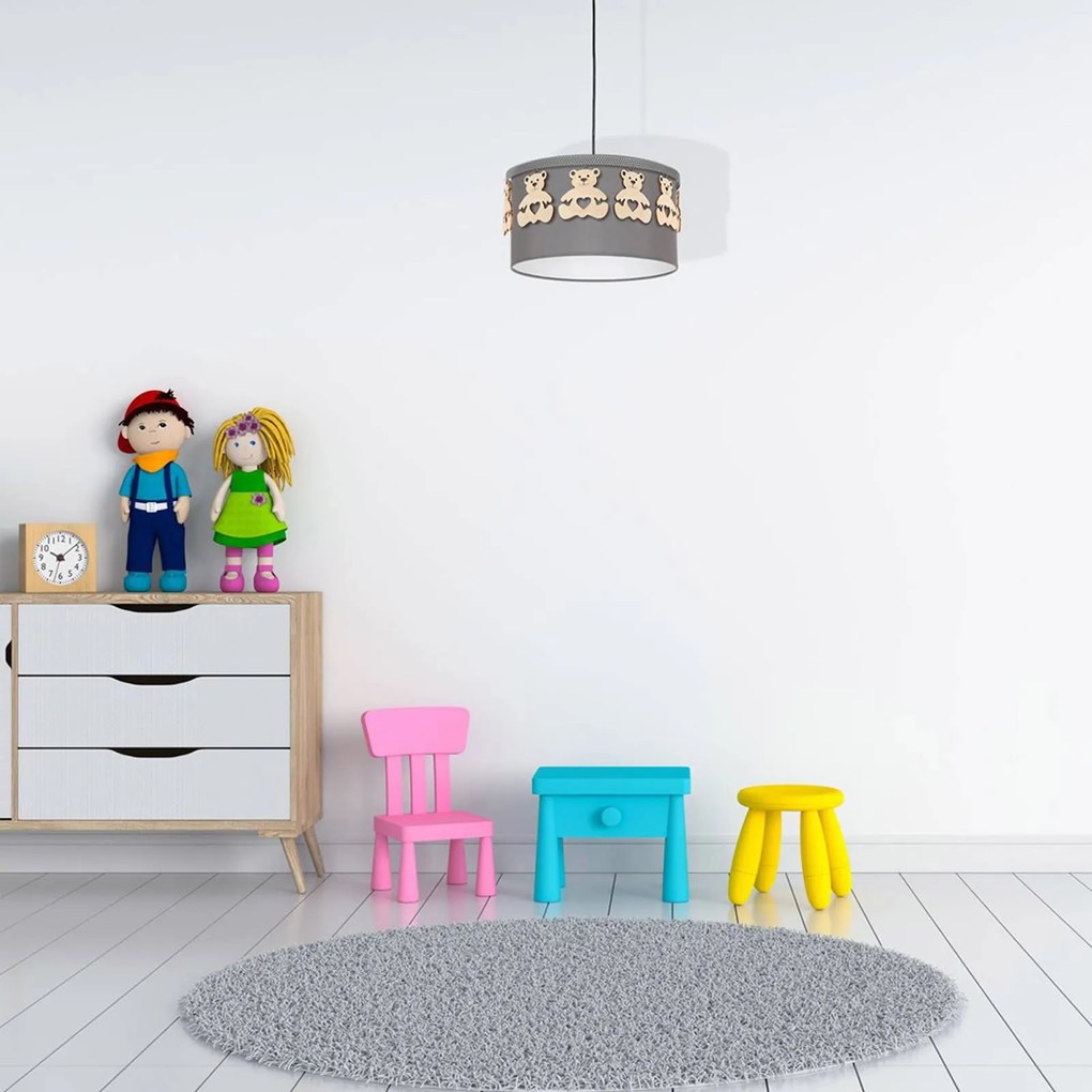 Eko-Light Lampada a sospensione Mis, grigio con orsi in legno, 1 luce