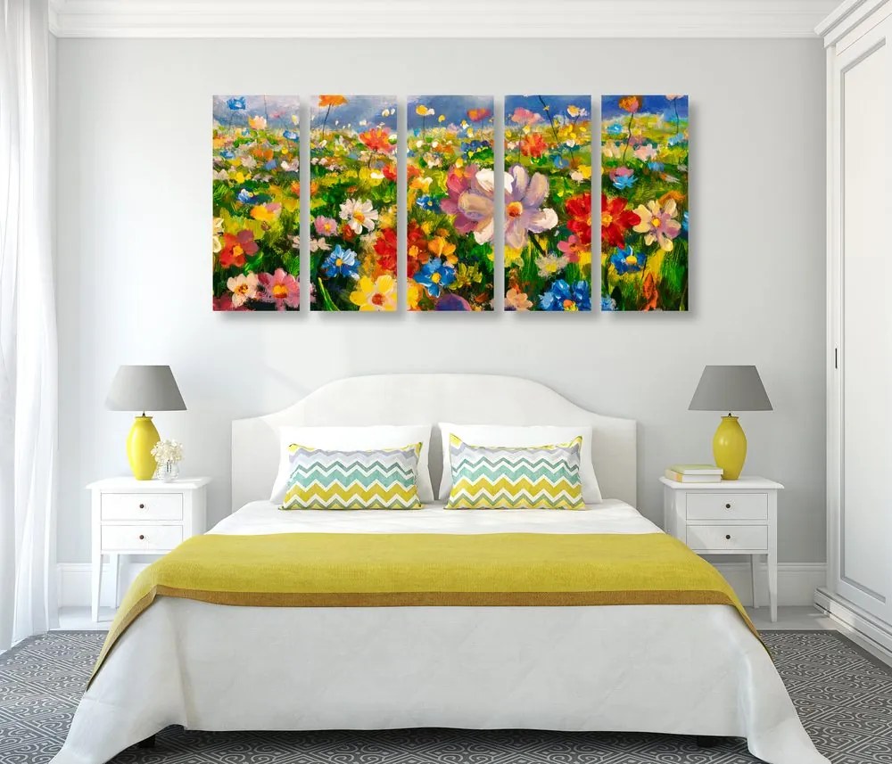 Quadri 5 pezzi – Pittura a olio di fiori di campo