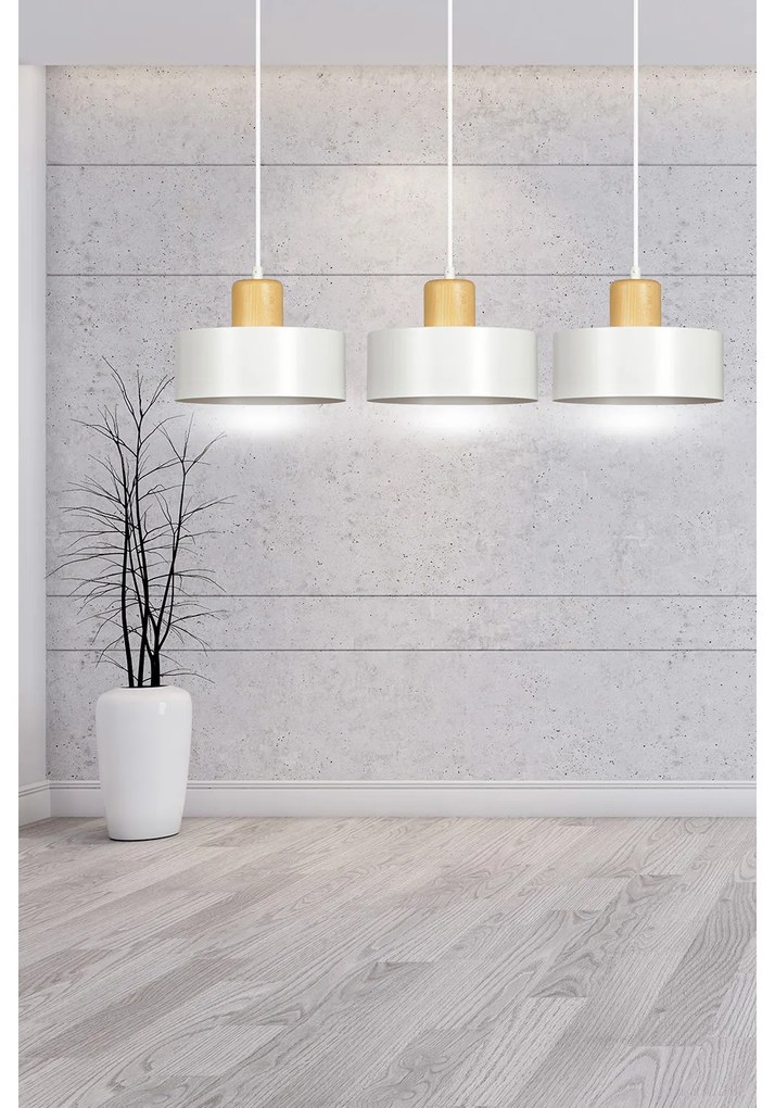 Sospensione Nordica 3 Luci Surya In Acciaio Bianco E Legno