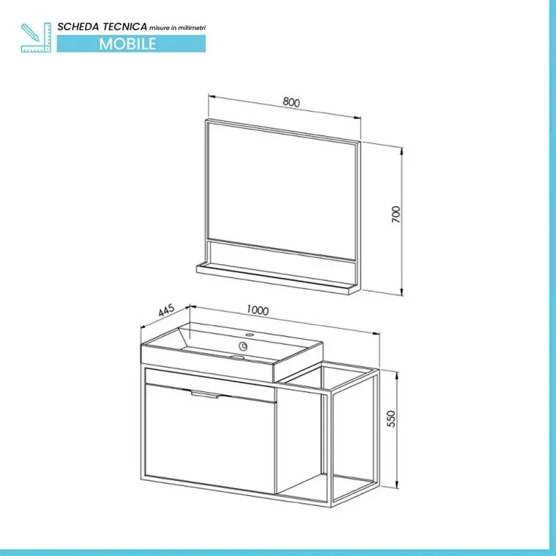 Mobile bagno sospeso 100 cm in legno e metallo nero con specchio Zante